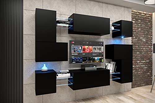 Furnitech Albana AN3N-21B-M3-1C Meuble de salon mural à suspendre, moderne, avec étagères et meuble TV, sans LED (Albania AN3N-21B-M3-1C)