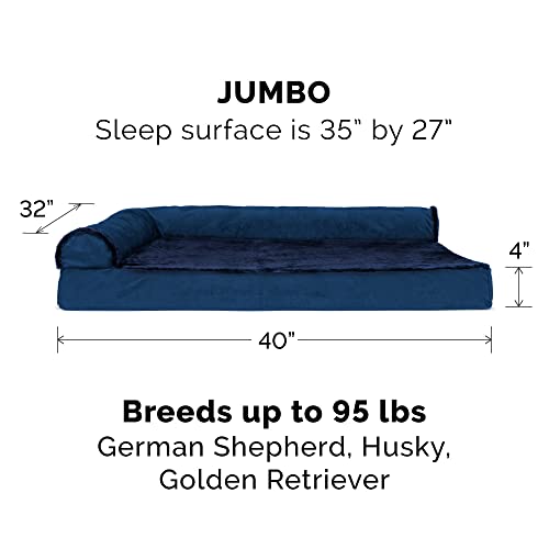 Image of Furhaven Cooling Gel Dog Bed for Large Dogs w / Removable Bolsters & Washable Cover, For Dogs Up to 95 lbs - Plush & Velvet L Shaped Chaise - Deep Sapphire, Jumbo /XL