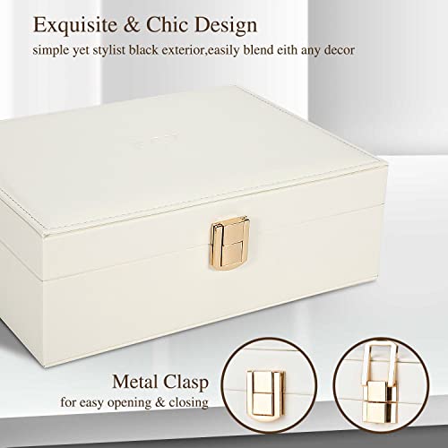 Kcy Jewelry Box Organizer For Women Girls,Large Pu Leather Jewellery Storage Case With 2 Layers Display Holder & Removeable Tray For Earrings Rings Necklaces Bracelets,Mens Vintage Gift,White #TOP5
