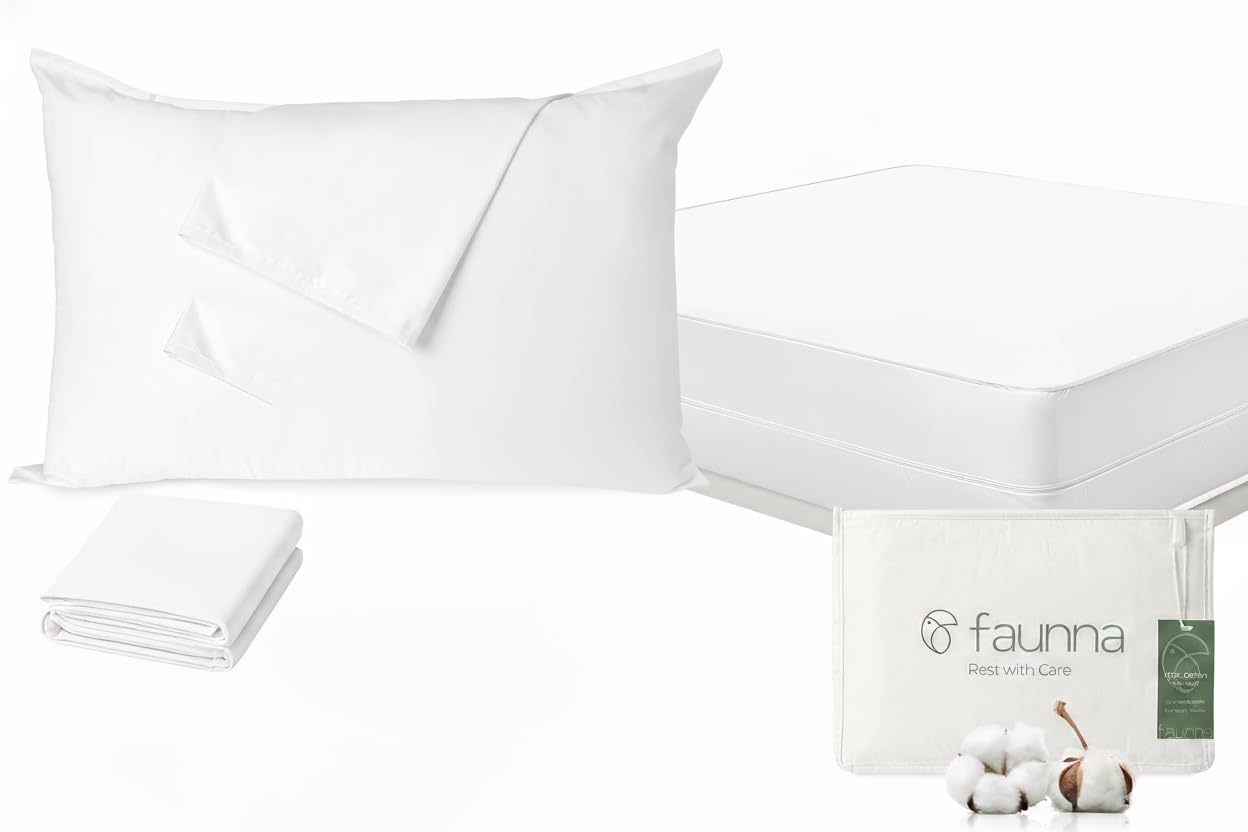 FAUNNA 100% Cotton Bed Bug and Dust Mite Proof Hypoallergenic King 4 Pack Pillow Protectors+Queen 12" Deep Mattress Covers