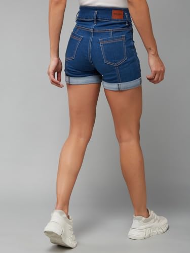 Image of Dolce Crudo Women's Relaxed Fit Mid-Rise Denim Shorts with Adjustable Waist & Frayed Hem