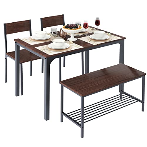 Dlandhome Juego De 4 Piezas Mesa De Comedor Con 2 Sillas Y 1 Banco Conjunto De Muebles De Cocina De Madera Con Estructura De Acero Nogal Oscuro N Dlandhome Juego De 4 Piezas Mesa De Comedor Con 2 Sillas Y 1 Banco Conjunto De Muebles De Cocina De Madera Con Estructura De Acero Nogal Oscuro N