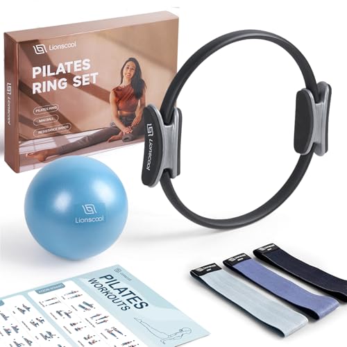Set LIONSCOOL Pilates Ring – Magic Circle da 35.56 CM Anti-Deformazione con Manici Imbottiti, Mini Palla, Fasce di Resistenza, Guida e Borsa (Nero (Fascia per Glutei in Tessuto))