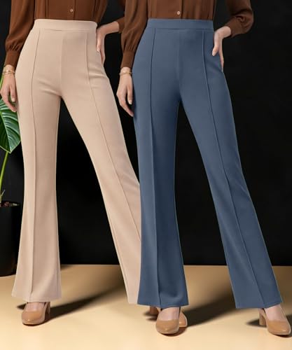 Image of Women Solid Flared Trousers Pack of 2 | High Waist Stretchable Office Pants for Women | Formal Bell Bottom Palazzo Trouser Combo