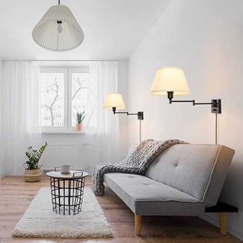 Trlife Dimmable Wall Sconce Plug In, Wall Sconces Set Of Two Swing Arm Wall Lights With Plug In Cord And On/Off Dimmer Rotary Switch, 11.8" Large Beige Fabric Shade(2 Pack, 2 Bulbs Included) #TOP7