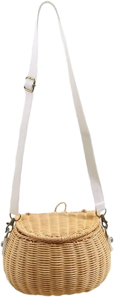 Portable Rattan Basket Shoulder Bag with Long Strap Kids Woven Basket Bag Handwoven Picnic Messenger Photography Props
