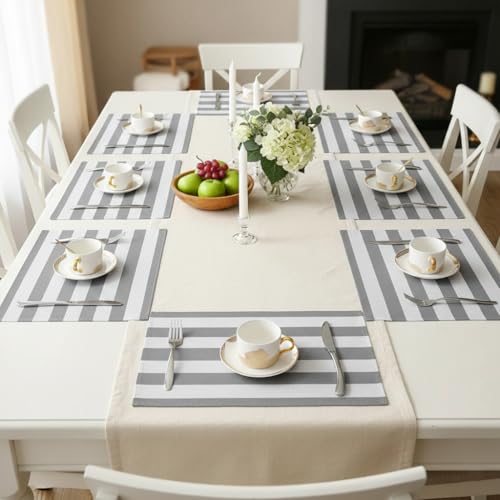 Image of YELONA Dining Table Placemats Set of 8 - Heat-Resistant, Non-Slip, Washable & Stain Resistant Woven PVC Vinyl Table Mats for Kitchen & Dining - 45 x 30 cm, PeachWhite & Grey