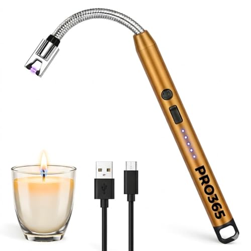 Image of PRO365 USB Rechargeable Electric Candle Lighter | Windproof Arc Lighter with 360 Flexible Neck | Safety Lock & LED Indicator | Flameless Kitchen & Outdoor Gas Lighter(Gold)