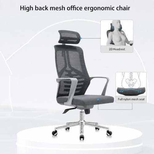 Image of Ergonomic High Back Mesh Office Chair with Headrest - Grey Revolving Executive Desk Chair with Breathable Mesh Back, Fixed Armrest & Chrome Base for Home & Office
