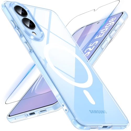 Image of OWKEY for Samsung Galaxy S25 Edge Case 6.7'', Magnetic S25 Edge Case for Magsafe with Tempered Glass Screen, [Shockproof Military] Transparent Back Slim Bumper Cover Phone Case Galaxy s25 Edge, Clear