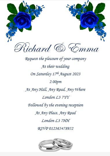 Personalised Wedding Invitations with Envelopes – Pack of 40 – Custom Wedding Invites – Blue Floral -Elegant Design Printed Wedding Cards – W67