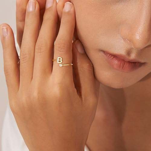 Image of Turandoss Initial Rings for Women Teen Girls, Adjustable Letter Jewelry | Dainty 14K Gold Plated Open Ring, Adjustable Band Design, Personalized Letter Jewelry, Minimalist Gift for Women Teens