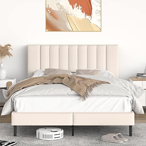 Flolinda Bed Frame Queen Size, Upholstered Bed Frame Queen Size with Tufted Velvet Headboard, Mattress Foundation, Strong Wood Slat Support Double Modern Bed Frame, No Box Spring Needed, Easy Assembly