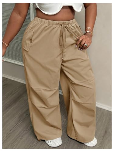 OYOANGLE Women's Plus Size High Waist Drawstring Trousers Wide Leg Casual Cargo Pants with Pocket4