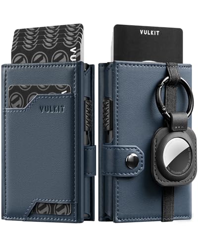 VULKIT(バルキット) ポップアップカードウォレット AirTagホルダー付き RFIDブロック クレジットカードホルダー 紙幣コンパートメント&IDウィンドウ付き, ブルー, ミニマリスト