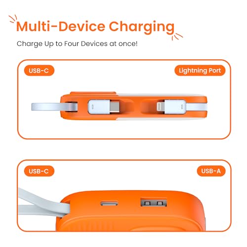 Image of Armor Scoop Power Bank 10000mAh Fast Charging 22.5W | 2 Built-in Cables | 2 Output Ports | Type C Input & Output | Supports Android, Apple, Tablets, Earbuds, Watch | 5 Layer Protection (Orange Burst)