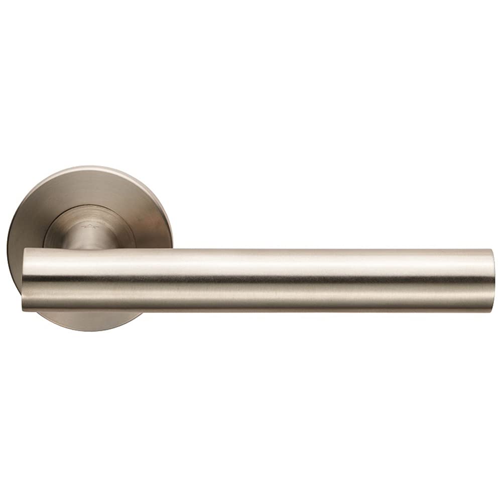 Pair Straight Round T Bar Lever On Slim Round Rose Concealed Fix Satin Steel 5056492570212