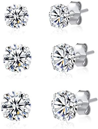 3 Pairs 925 Sterling Silver Cubic Zirconia Stud Earrings 3mm-4mm-5mm Set Men Women
