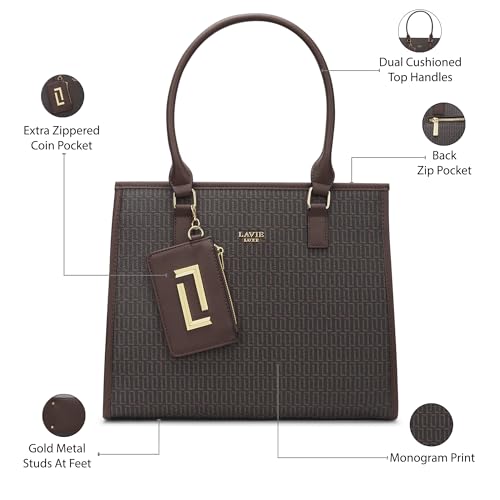Image of Lavie Luxe Women's Monogram Quad25 Pro Tote Laptop Bag | Tote Laptop Bag for Work | Ladies Purse | Stylish Shoulder Bag | Gift for Women