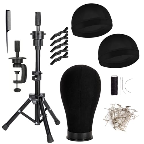 GOODColla Wig Head with Stand Canvas Mannequin Head with Wig Stand for Making Display Cork Canvas Block Head with Wig Caps Canvas Head with T Pins Set Hair Styling Practice Display