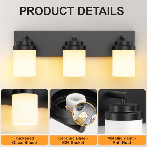 Image of IZORRO Bathroom Vanity Light Fixture, 3-Light 22 Inch Matte Black Bathroom Light Fixtures Over Mirror, with White Glass Shade, Modern Farmhouse Vanity Lights, Rustic Restroom Lighting Fixtures