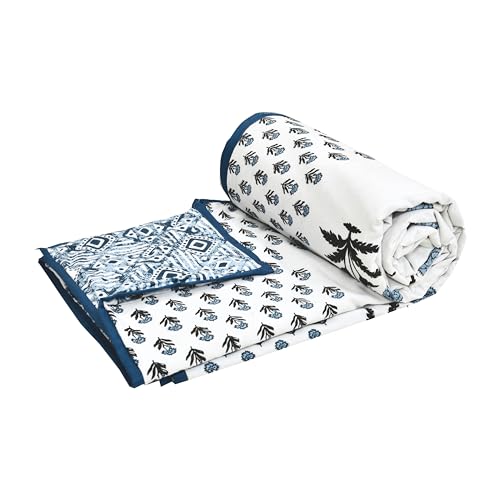 Image of BLOCKS OF INDIA 100% Cotton Dohar King Size Reversible Hand Block Printed Malmal Summer Dohar /Blanket (Color 48)