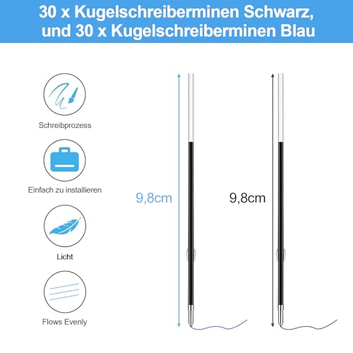 ENLACE Kugelschreiberminen Blau&Schwarz,60 Stück Kugelschreiber Ersatzminen,Einziehbare Stift Nachfüllungen 1,0mm Strichstärke,Kugelschreiberminen Schwarz 98mm Länge,Kunststoff Kugelschreiber Minen