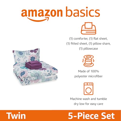 Image of Amazon Basics 5-Piece Soft, Easy-Wash Microfiber Kid's Bed-in-a-Bag Bedding Set with Sheet and Comforter, Twin, Bluish Flowers