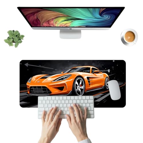 Image of Moto Edition Desk Mat 23x11 Inch - Racing-Themed Keyboard & Mouse Pad for Office, Home & Gaming | Non-Slip Rubber Base, Waterproof Surface, Supercar & Bike Inspired Table Mat (Orange Turbo)