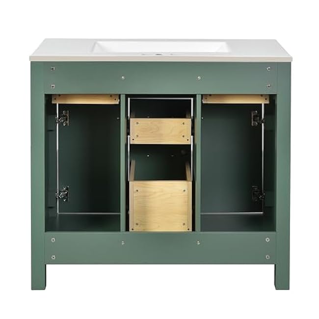 Bathroom Vanity with Ceramic Sink Combo Set,Floor Storage Cabinet with 4 Drawers & 2 Cabinets,Modern Freestanding Vanity (36''Green + Ceramic + Solid Wood+MDF + Solid Wood+MDF, 36*18.3*34.02)