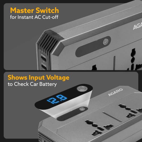 Image of AGARO Elite 200W Car Power Inverter, 7-in-1 Converter with PD36W Type-C, QC3.0 30W USB-A, 2 AC Outlets, Car Outlet, Master Switch & LCD Display for Laptops & Phones