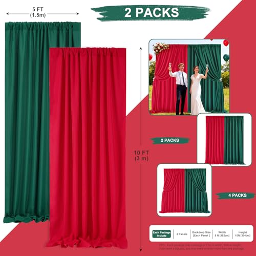Image of Green Backdrop Curtains 10ft x 10ft Polyester Photo Red Backdrop Drapes for Birthday Party Stage Wedding Window Decorations