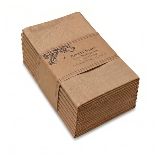 ACCENTHOME Brown Cotton Linen Napkin Set of 12 18x18 inch Dinner Napkins