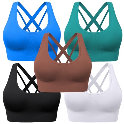 Image of BLUELILY Sports Bra for Women Medium Support Criss Cross Strappy Bras Seamless Padded High Impact Yoga Athletic Exercise Bras