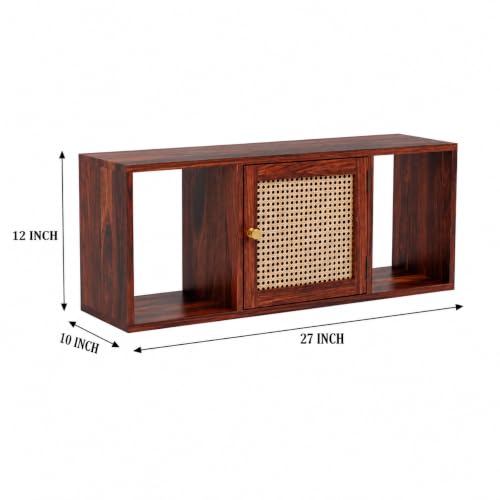 Image of Solid Sheesham Wooden Wall Shelves with Rattan Cane, Sheesham Wall Mount Shelf, Honey Dark