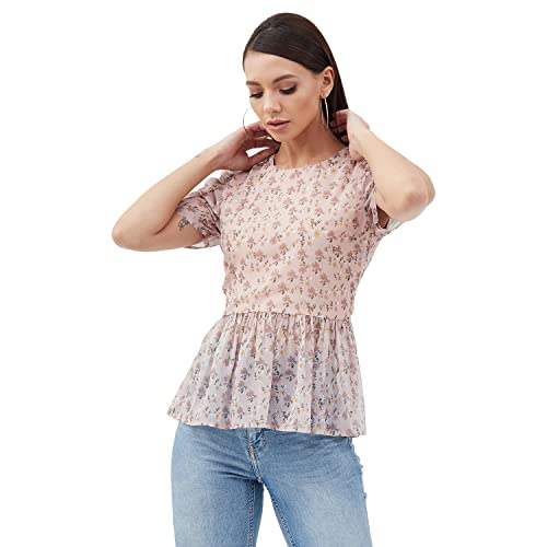 Harpa Peach Round Neck Floral Print Top