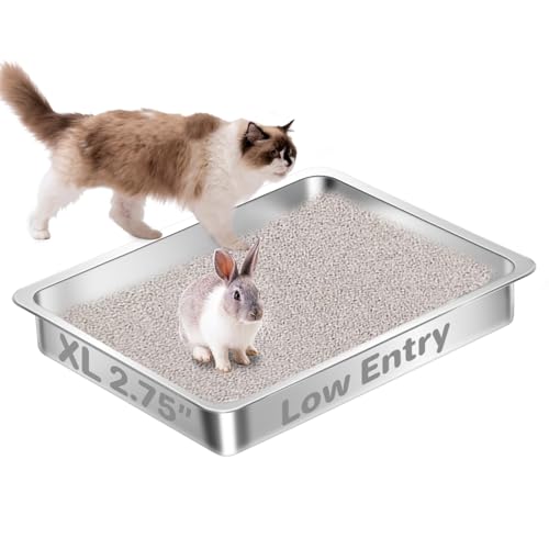 Amibud Lettiera per gatti anziani in acciaio inox, con ingresso basso, grande lettiera in metallo poco profonda, facile accesso, 40 cm x 35 cm x 7 cm (lunghezza x larghezza x altezza)