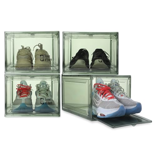 Image of House of Quirk Shoe Organizer, Shoe Storage Boxes, Large Shoe Boxes with Magnetic Door, Clear Stackable Plastic Shoe Containers (Pack of 4, Green)