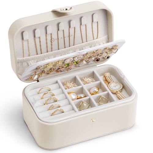 VLANDO Schmuckkästchen mit 2 Etagen Schmuckaufbewahrung Klein Schmuckkaste mit Stil Schmuck organizer für Ohrringe Schmuck-Reiseetui Reise Geschenkidee für Frauen Beige