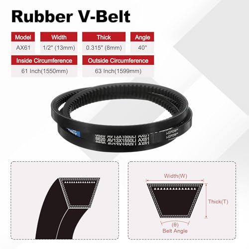 Image of AX61 Belt, Raw Edge Cogged Industrial Rubber EPDM V-Belt, Pack of 2 | 1 /2 inch(13mm) Width x 61 inch(1550mm) Inside Circumference x 5 /16 inch(8mm) Height