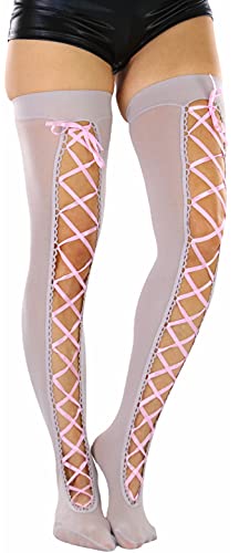 Image of ToBeInStyle Women's Lace Up Back Seam Tights Sheer or Opaque Hosiery Stockings Crisscross Lace Ribbon Zigzag Design