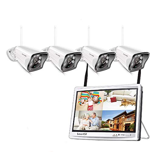 SmartSF 8CH 1080P NVR with 12- inch Monitor Wireless Surveillance Security Camera System CCTV Kit,4Pcs 1080P 2MP Weatherproof IP Camera,65ft Night Vision and Free APP Access,Motion Alert