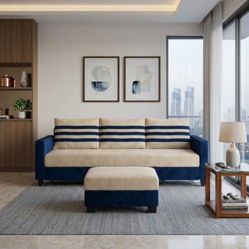 Image of Cavina 4 Seater L Shape Sofa Set with Movable Ottoman | Flexible Left or Right Layout | Luxury Velvet Suede Fabric | Modern Living Room Sofa | Dark Blue-Cream