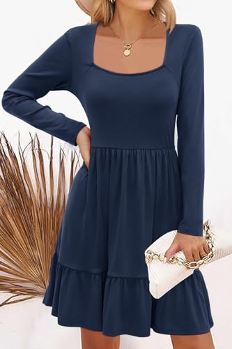 Image of Newshows Women's 2026 Summer Casual Square Neck Ruffle A Line Beach Vacation Sundress Work Business Dress with Pockets