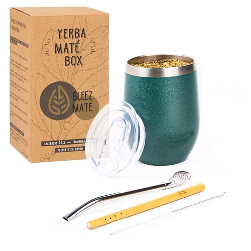 Bleez [Nouveau] Tasse à Maté Coffret Design [Calebasse isotherme 350ML + Couvercle ergonomique + Bombillas Bambou + Kit d'entretien] Pack Yerba Mate Thé Box...