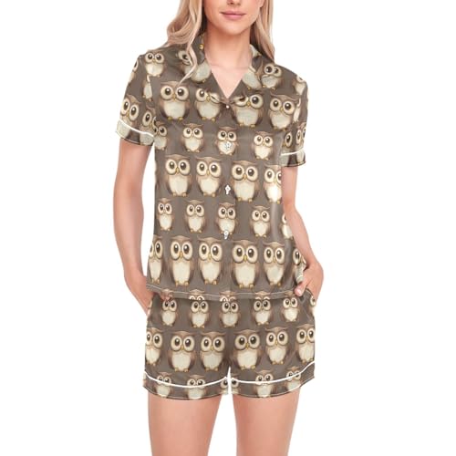 Pyjama satin femme marron lavable manches courtes avec motif hibou