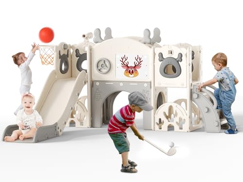 Kinderrutsche,extralange Rutschbahn,freistehende Kleinkindrutsche mit Basketballkorb, Kleinkindklettergerüst, Montessori Baby-Gartenrutschen-Spielset,für drinnen und draußen (Beige Grau-7 in 1)