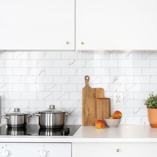 StyloVue 100 Pieces Peel and Stick Backsplash for Kitchen, 3" x 6" PVC Subway Tile 2026 Upgraded Glossy White Marble with White Grout Backsplash Stick on Tile Elevate Kitchen Fireplace RV by StyloVue - Used condition - Image 3