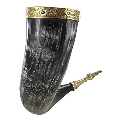 Viking Norse Drinking Horn Hand-Carved Mjolnir Design