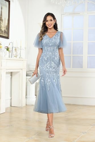 Elegant Lace Mother of The Bride Dresses for Women Tulle V Neck Mermaid Evening Gown with Sleeves2